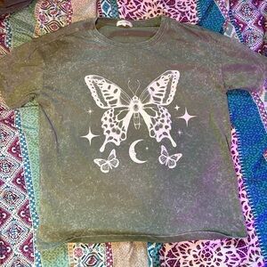 No Comment Butterfly Moon Graphic Print Green Jersey T-Shirt Crew Neck M